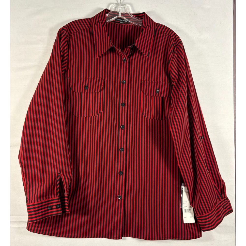 Notations  Women's Wrinkle Free Black and Red Striped Button Up‎ Blouse XL  NWT